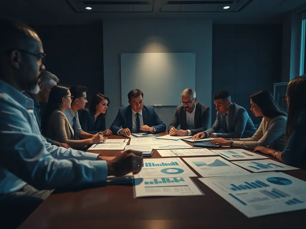 A team of consultants discussing economic forecasts and strategic plans around a conference table, in a collaborative environment, indicating teamwork and strategic thinking.