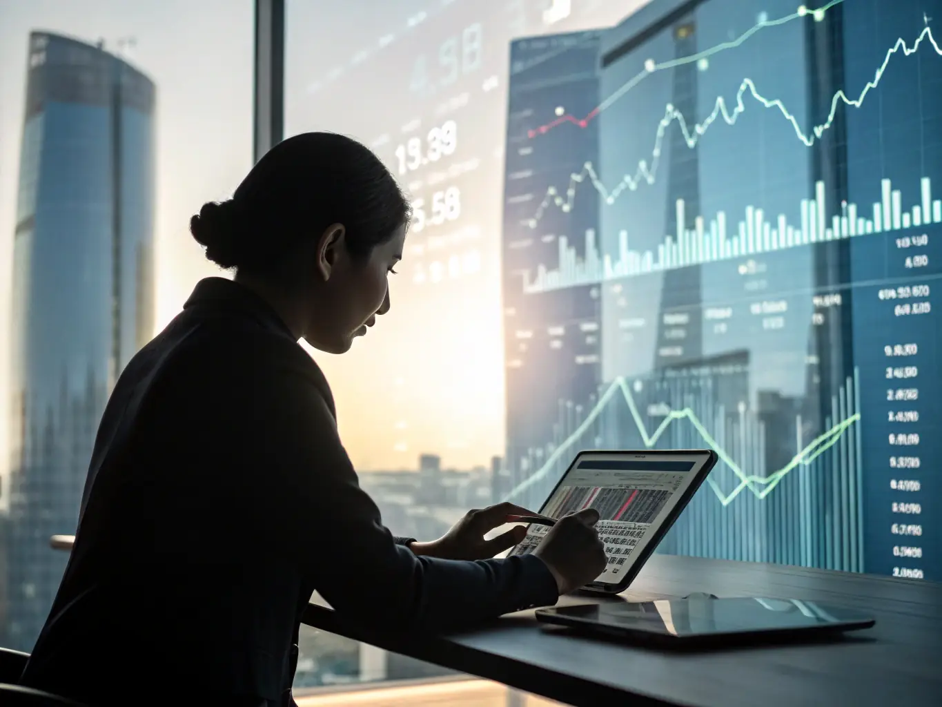An image of a financial advisor analyzing investment charts and graphs on a digital tablet, in a modern office setting, suggesting expertise and data-driven decision-making.