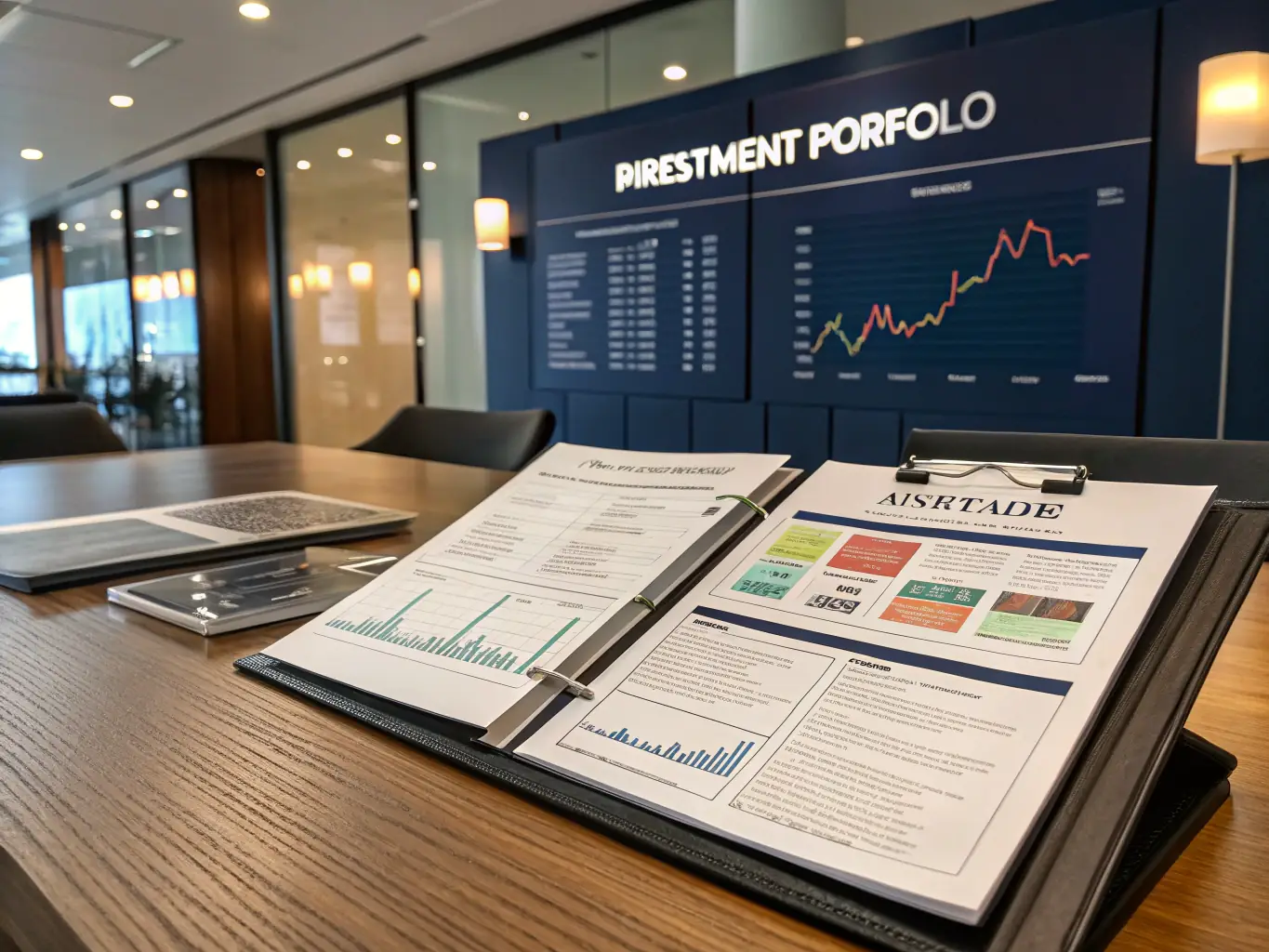 An image illustrating asset management, showing a balanced portfolio with various asset classes and risk management tools.