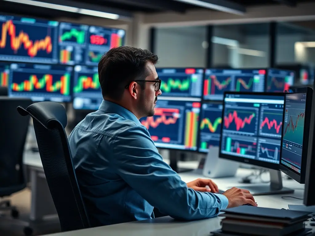 A professional reviewing asset portfolios on a computer screen with financial data and charts, in a well-lit office, conveying competence and attention to detail.